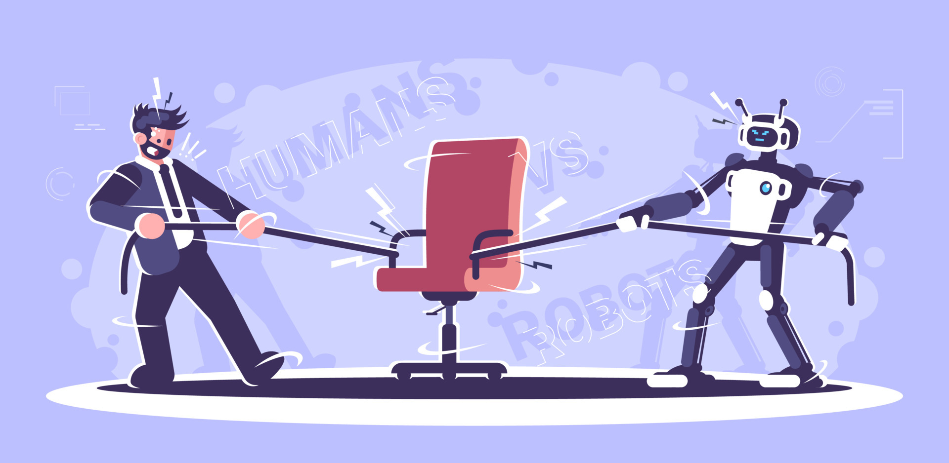 Human vs robot workers flat vector illustration. Humanoid and manager pulling rope with office