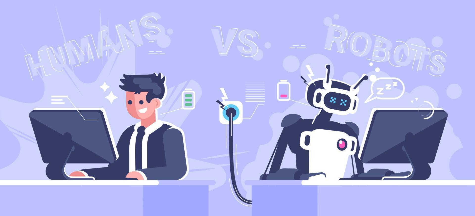 Trabajador humano feliz con ilustración de vector plano de robot de batería baja. la gente es mejor que las máquinas de inteligencia artificial. humanos vs robots. Gerente profesional y cyborg despedido trabajando con personajes de computadoras.