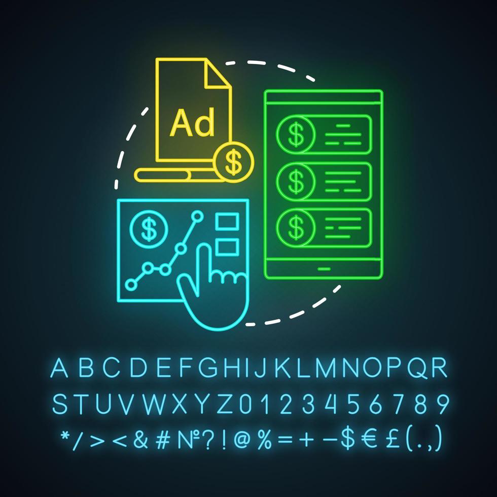 Paid ads neon light icon. Online marketing analytics. PPC channel. Pay per click advertising campaign. Ad networks. Glowing sign with alphabet, numbers and symbols. Vector isolated illustration