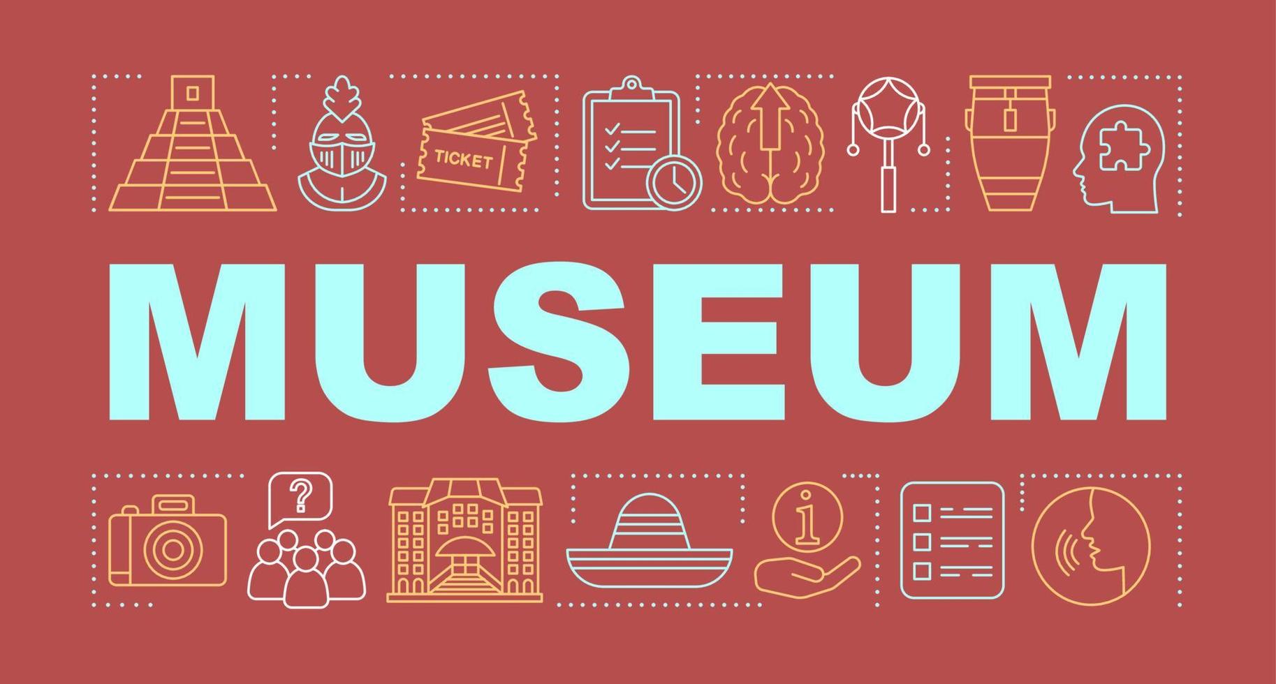 Museum word concepts banner. Family activities with kids. Presentation, website. Isolated lettering typography idea, linear icons. Educational, entertaining museum trips. Vector outline illustration