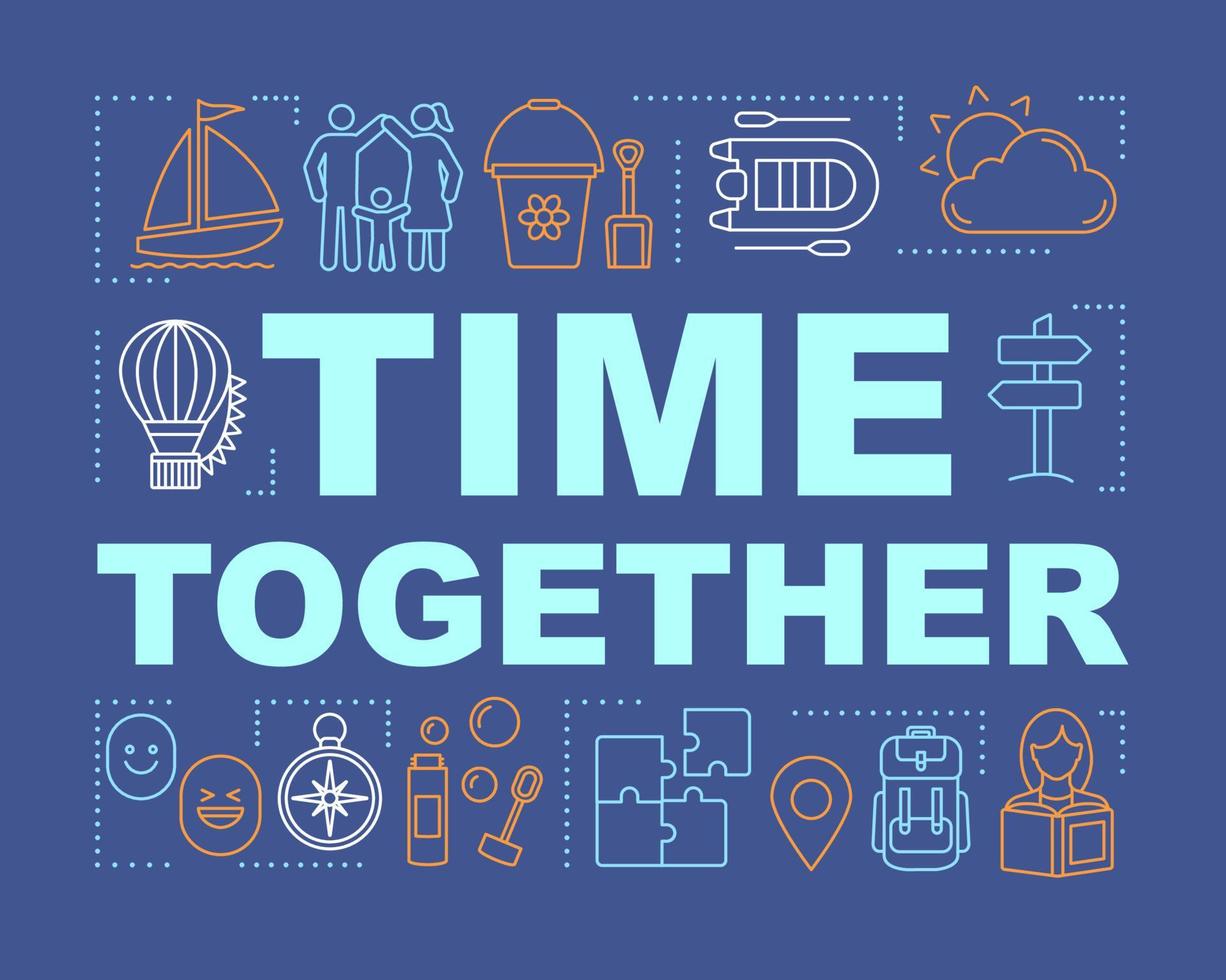 Time together word concepts banner. Family activities with kids. Books reading. Presentation, website. Balloon journey. Isolated lettering typography idea, linear icons. Vector outline illustration