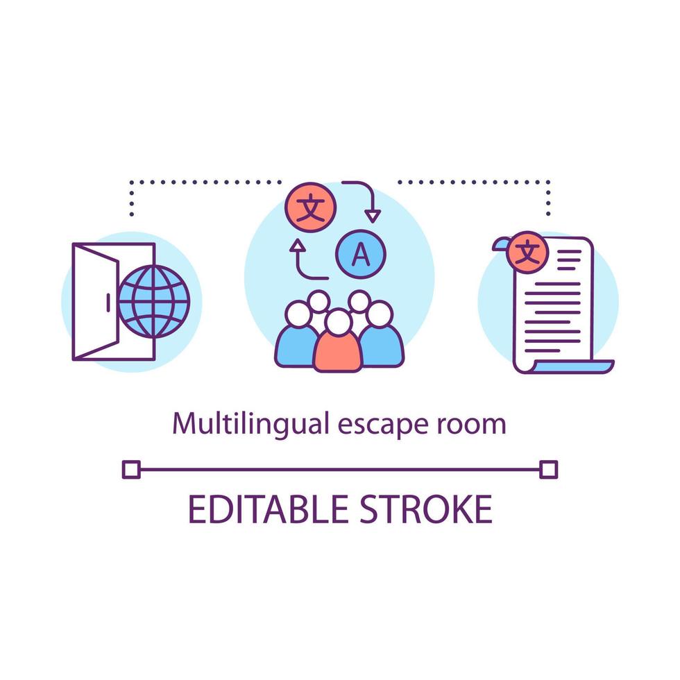 Multilingual escape room concept icon. Text translation idea thin line illustration. Different languages team game. International communication. Vector isolated outline drawing. Editable stroke