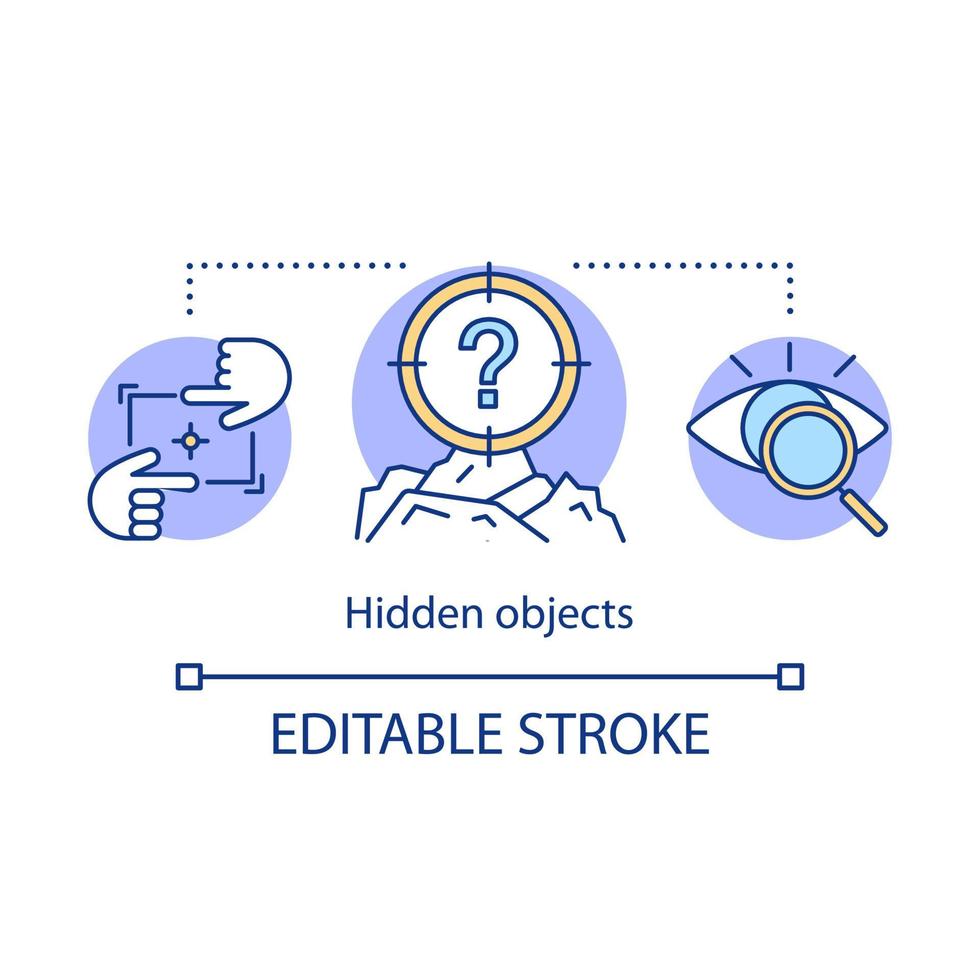 Hidden objects concept icon. Concealed things idea thin line illustration. Searching for items. Visual puzzle. Invisible secret elements. Vector isolated outline drawing. Editable stroke