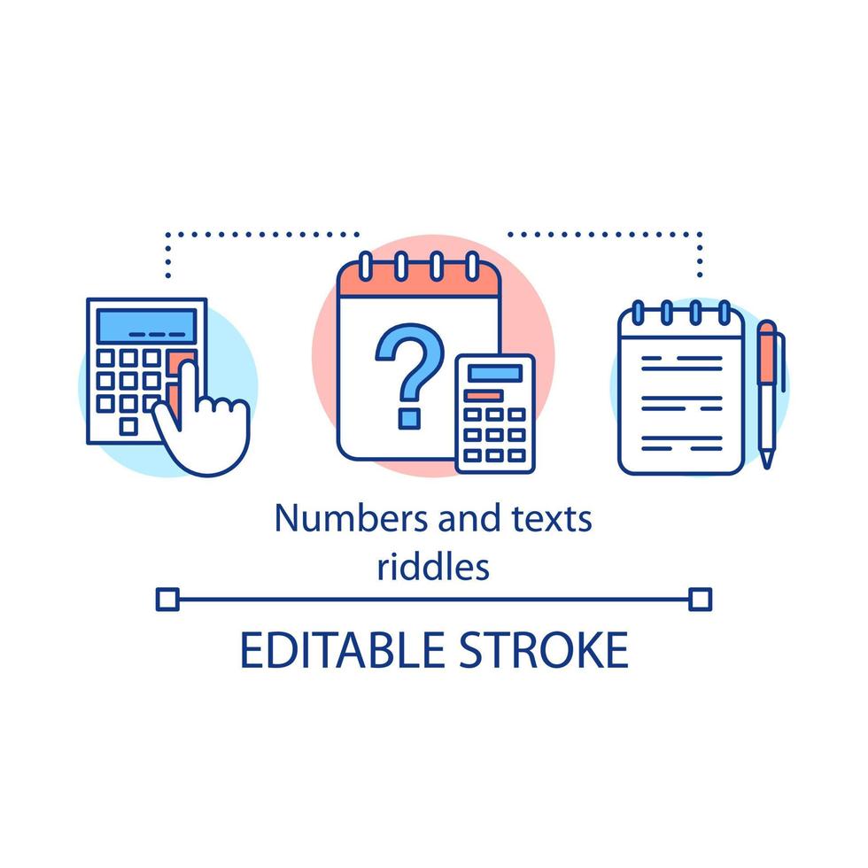 Numbers and texts riddles concept icon. Mind game idea thin line illustration. Math and word puzzles. Calculations and counting. Vector isolated outline drawing. Editable stroke