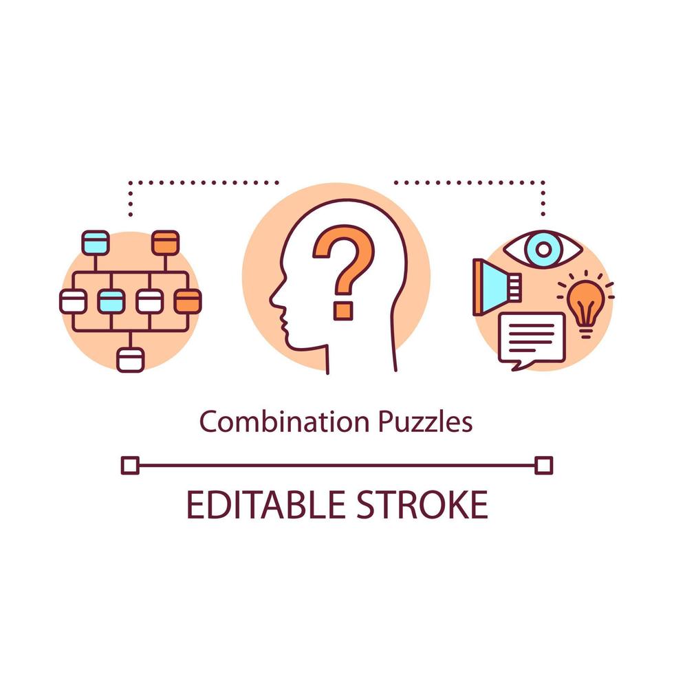 Combination puzzles concept icon. Strategy game solving algorithm idea thin line illustration. Different puzzle types synthesis. Problem solution. Vector isolated outline drawing. Editable stroke