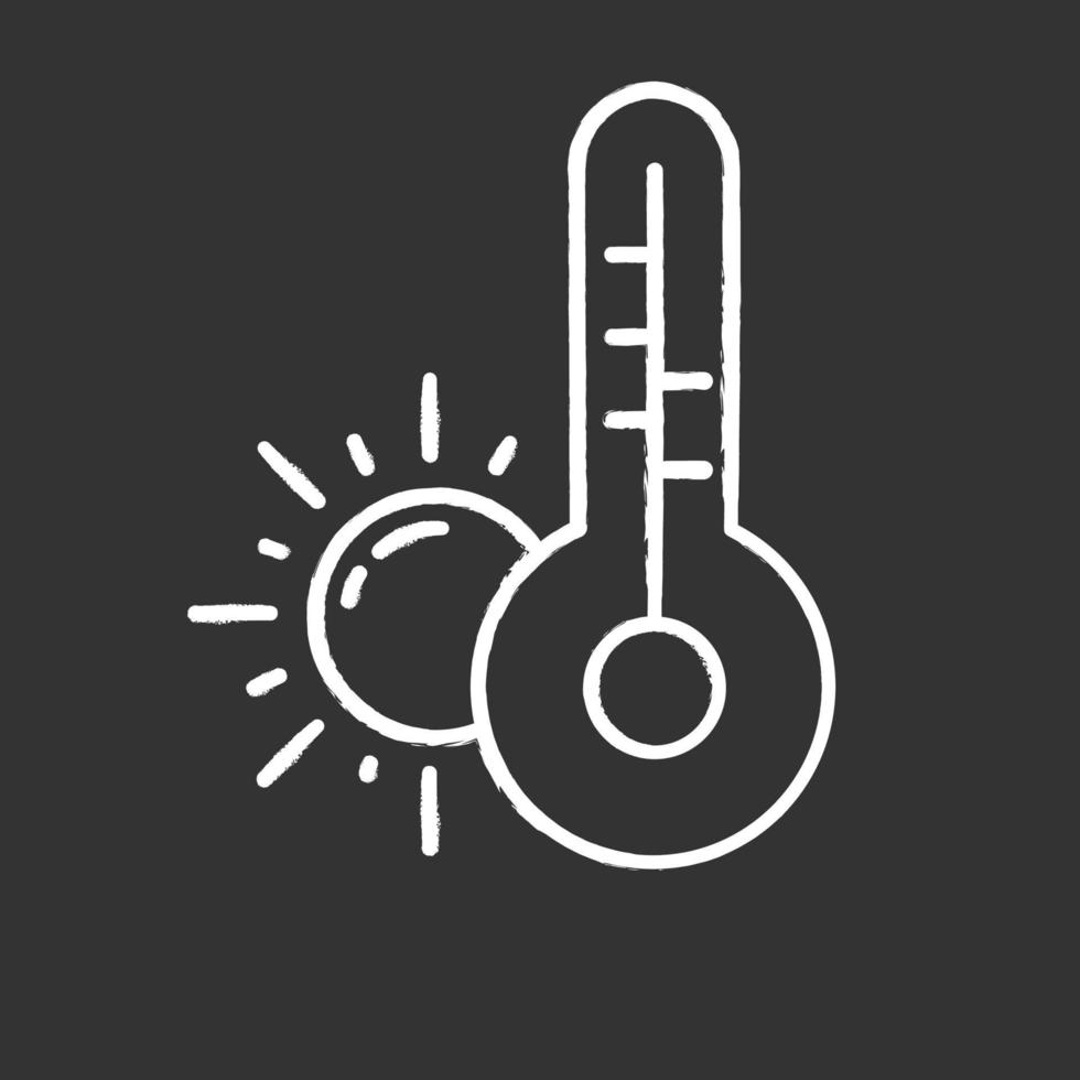 Weather forecast chalk icon. Anticyclone. Drought. Atmospheric conditions and air temperature. Sun and thermometer. Meteorological observations. Global warming. Isolated vector chalkboard illustration