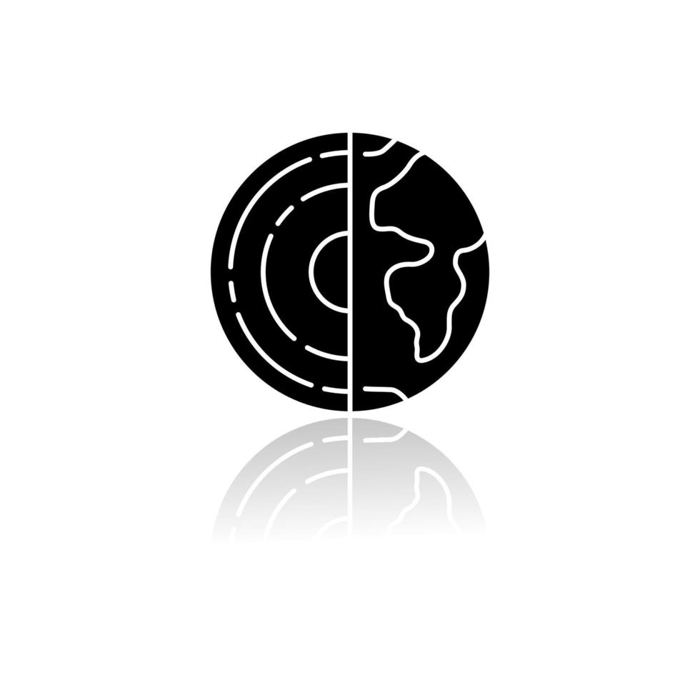 Geophysics drop shadow black glyph icon. Study of Earth crust and core. Physics branch. Inner structure and composition of Earth lithosphere. Planet model. Isolated vector illustration
