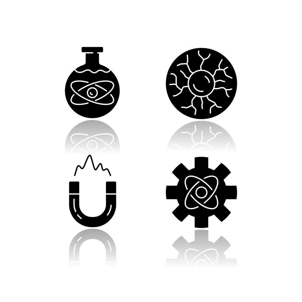 Physics branches drop shadow black glyph icons set. Chemical, plasma and engineering physics, electromagnetism. Physical processes scientific disciplines. Isolated vector illustrations