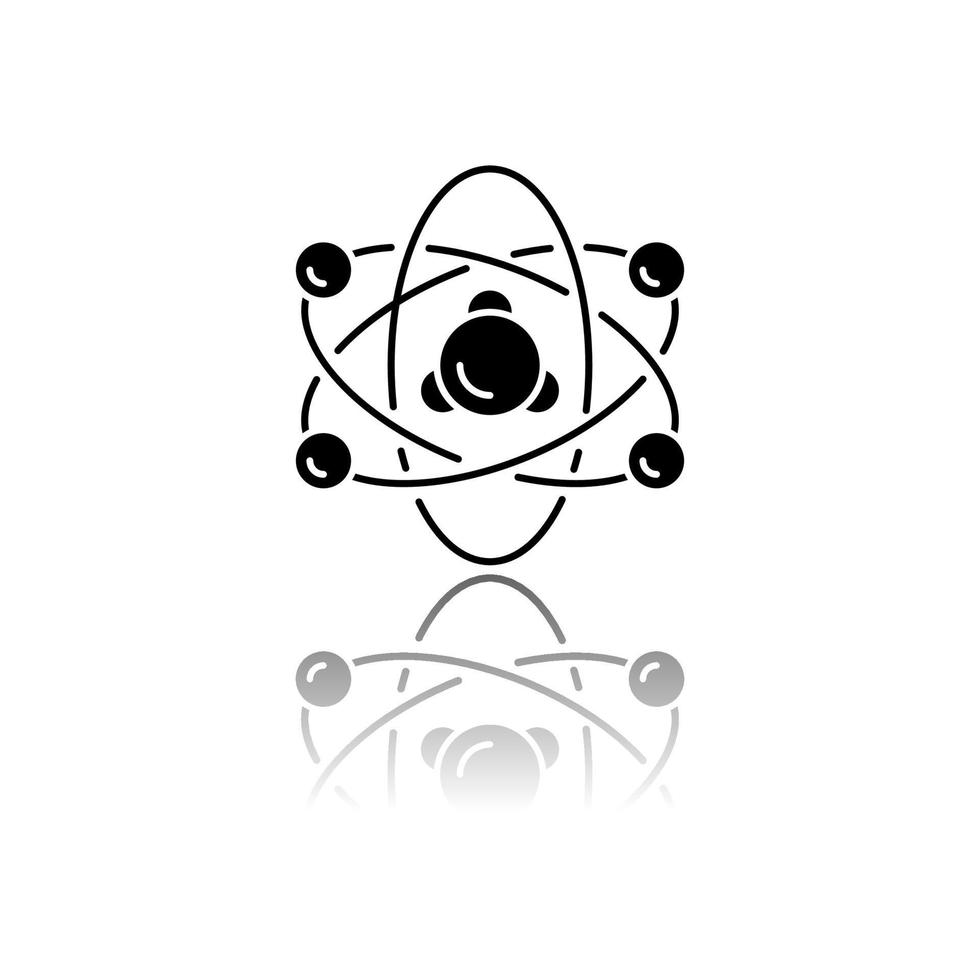Nuclear physics drop shadow black glyph icon. Atomic structure model. Electrons, neutrons and protons. Subatomic molecular particles. Atom core elements. Nuclear matter. Isolated vector illustration