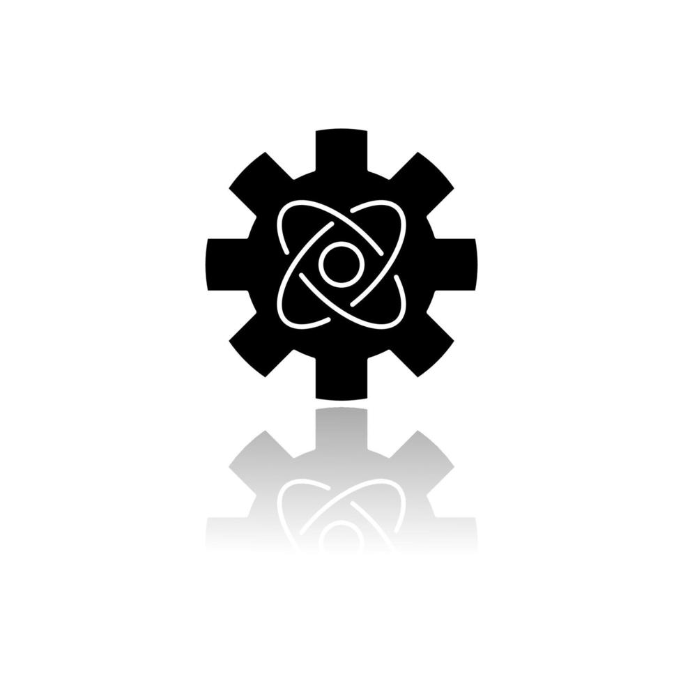 Engineering physics drop shadow black glyph icon. Nanotech. Cogwheel and atom structure model. Mechanical engineering. Nano technologies development. Nuclear energy using. Isolated vector illustration
