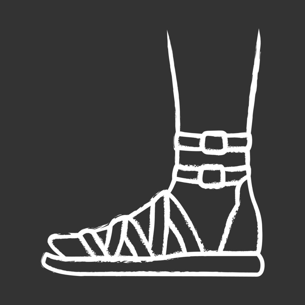 sandalias de gladiador icono de tiza. diseño de calzado con estilo de mujer. zapatos casuales femeninos, modernos pisos de verano con vista lateral de la correa del tobillo. ropa de mujer de moda. ilustración de pizarra de vector aislado