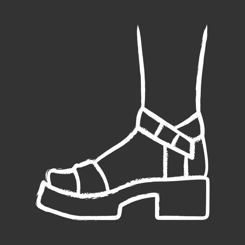 Block heel chalk icon. Woman stylish footwear design. Female casual shoes, ladies modern summer sandals side view. Fashionable retro clothing accessory. Isolated vector chalkboard illustration