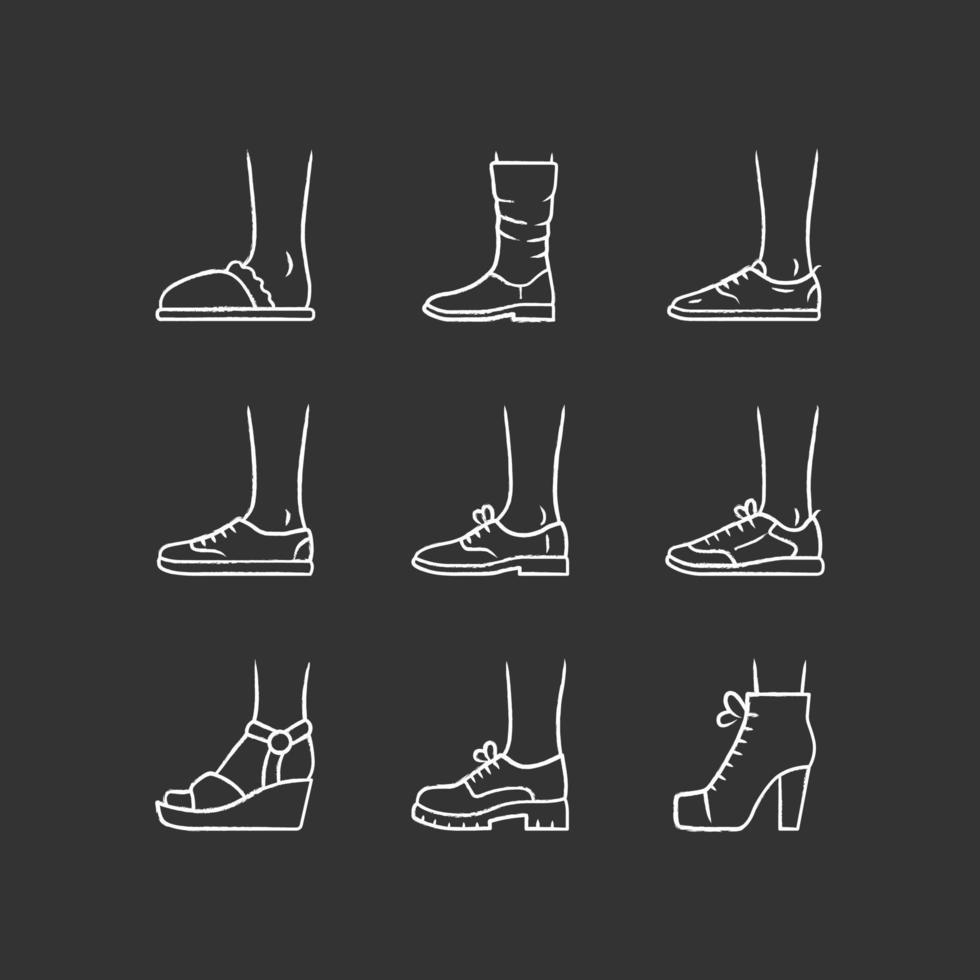 Women and men shoes chalk icons set. Female summer and autumn elegant footwear. Wedges, loafers and trainers. Fashionable winter and fall season unisex boots. Isolated vector chalkboard illustrations