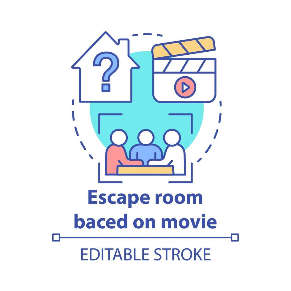 Escape room based on movies concept icon. Film theme quest idea thin line illustration. Strategy teamwork game. Team solving problem. Vector isolated outline drawing. Editable stroke