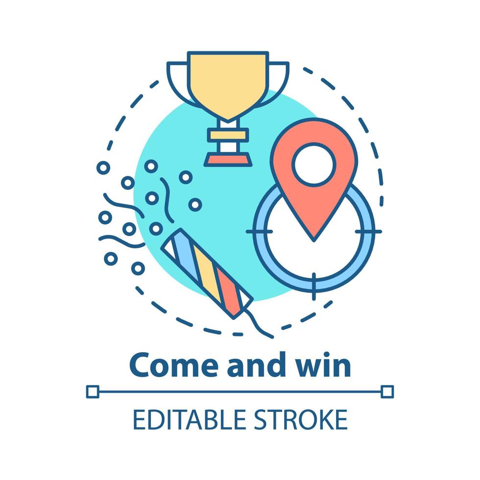Come and win concept icon. Victory idea thin line illustration. Game winner award. Success, accomplishment and triumph. Goal, target achieving. Vector isolated outline drawing. Editable stroke