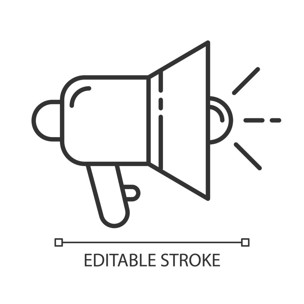 Promotional tools linear icon. Megaphone. Advertising campaign. Loudspeaker, bullhorn. Propaganda symbol. Thin line illustration. Contour symbol. Vector isolated outline drawing. Editable stroke