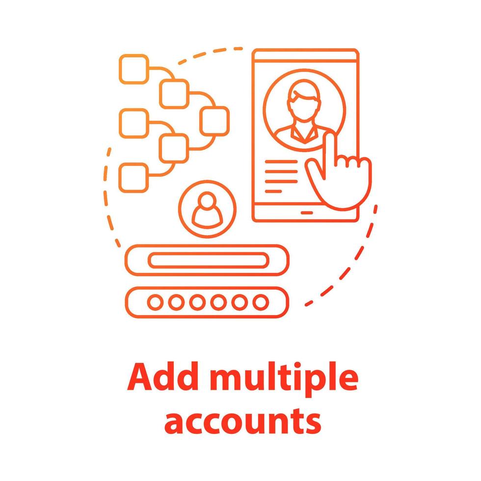 Add multiple accounts red concept icon. Register new user profile idea thin line illustration. Webpage registration. Social network authorization, app subscription. Vector isolated outline drawing