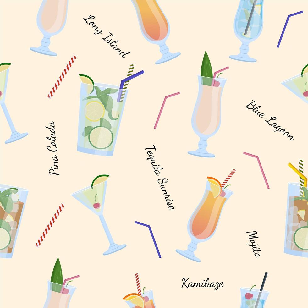 Alcohol drinks and cocktails seamless pattern. Mojito, pina colada vector