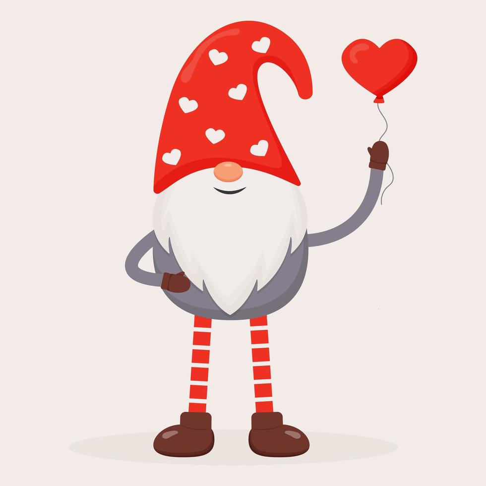 Cute Valentine gnome with a red heart-shaped balloon. Flat vector illustration for St. Valentine's Day gift, card, print, decoration