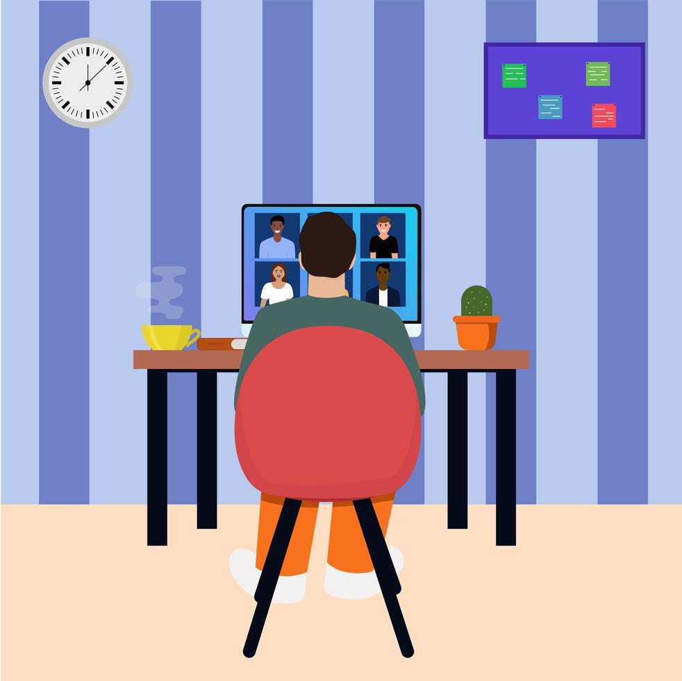 Video conference with people. Working meeting. Conference video call. Working place vector