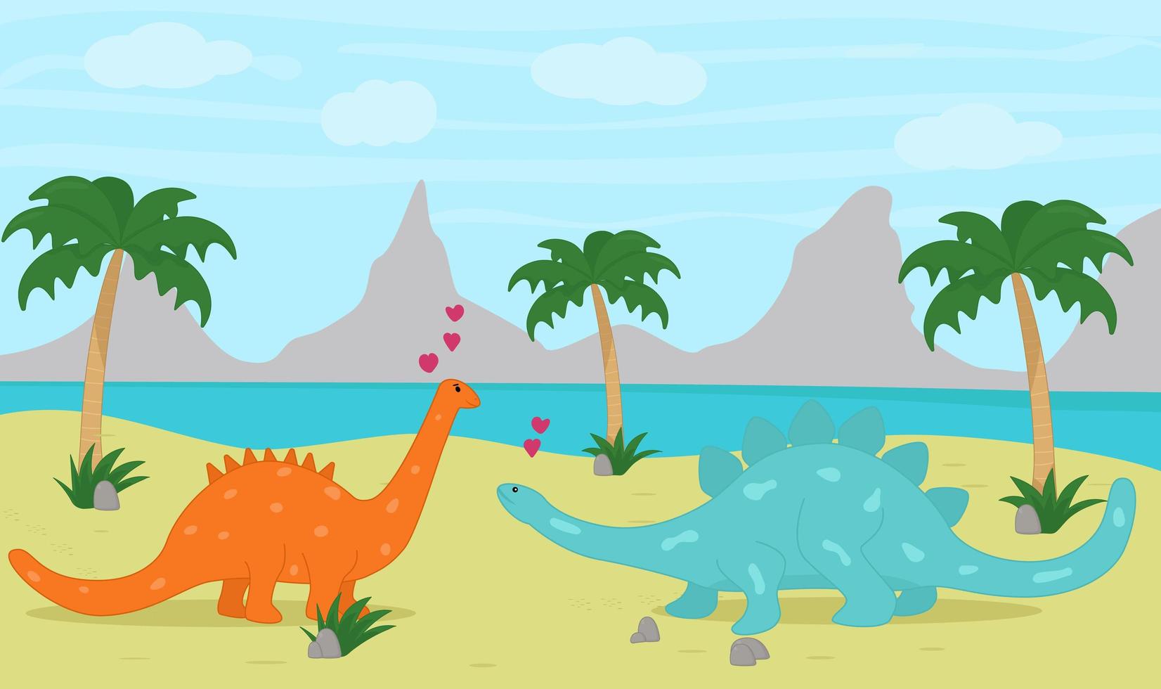 A couple of dinosaurs in love on the island. vector