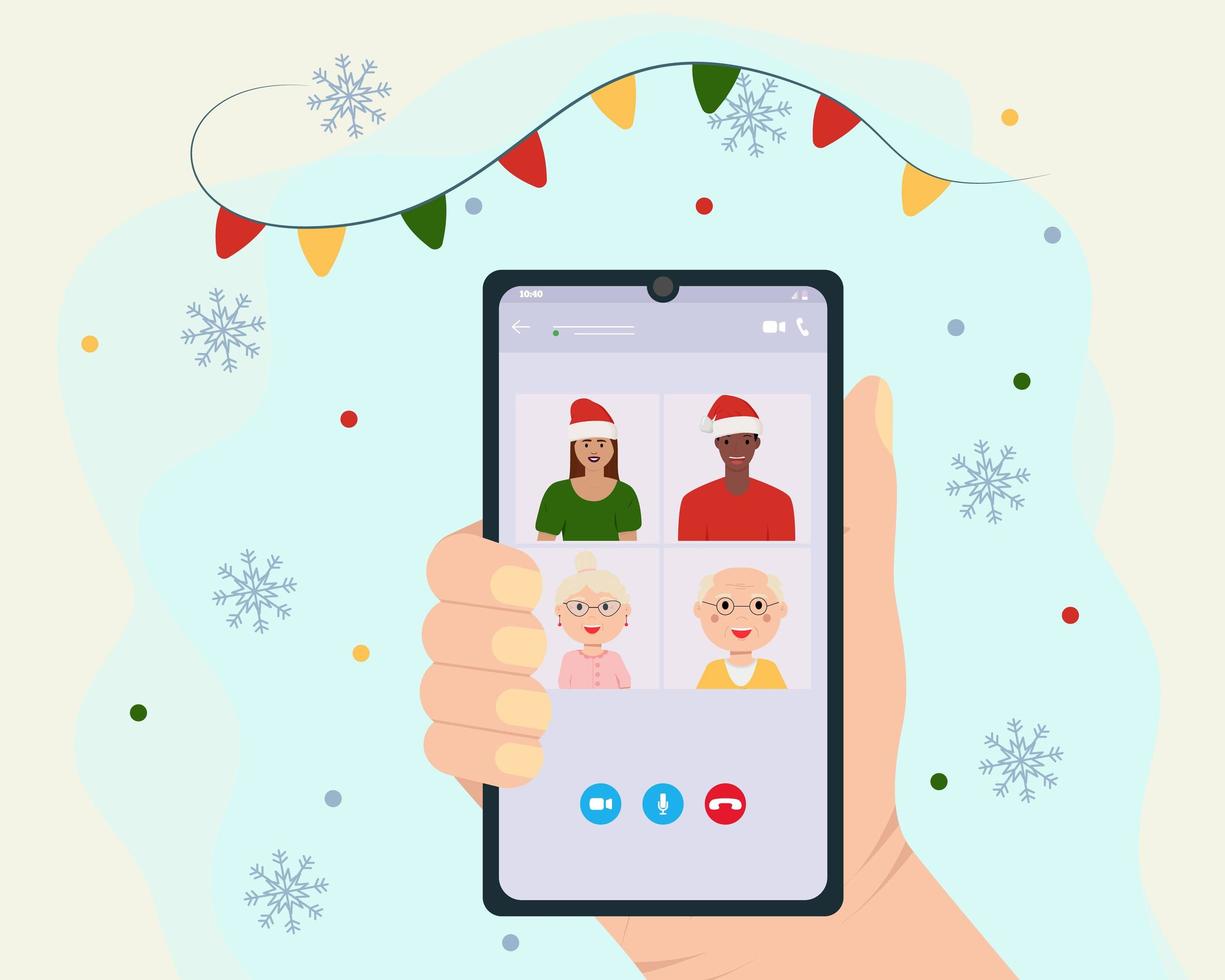 Christmas online party. People celebrating new year, happy friends on video chat. Man woman with champagne confetti gift vector illustration