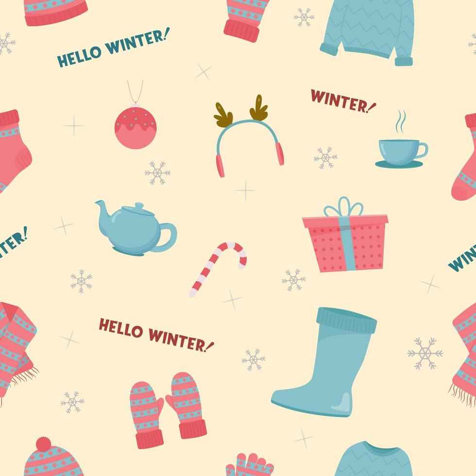 Beautiful winter clothing set, great design for any purposes. Flat vector illustration. Seamless pattern