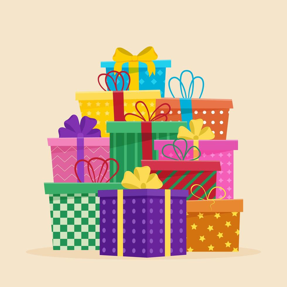 Set of different gift boxes. Flat vector illustration. Color book