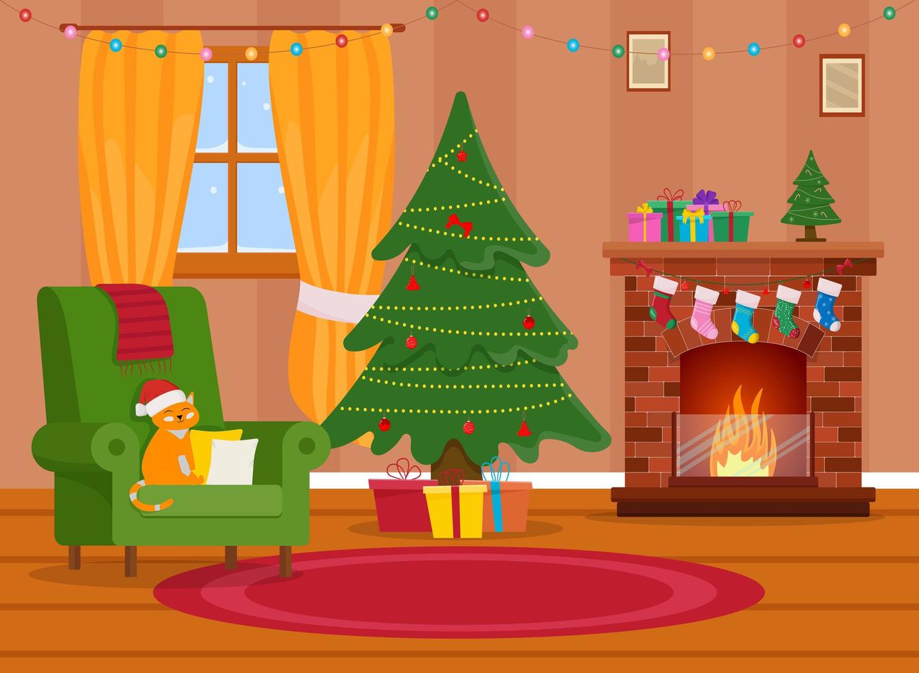 interior de la sala de navidad. árbol de navidad, regalo, chimenea y decoración. vector