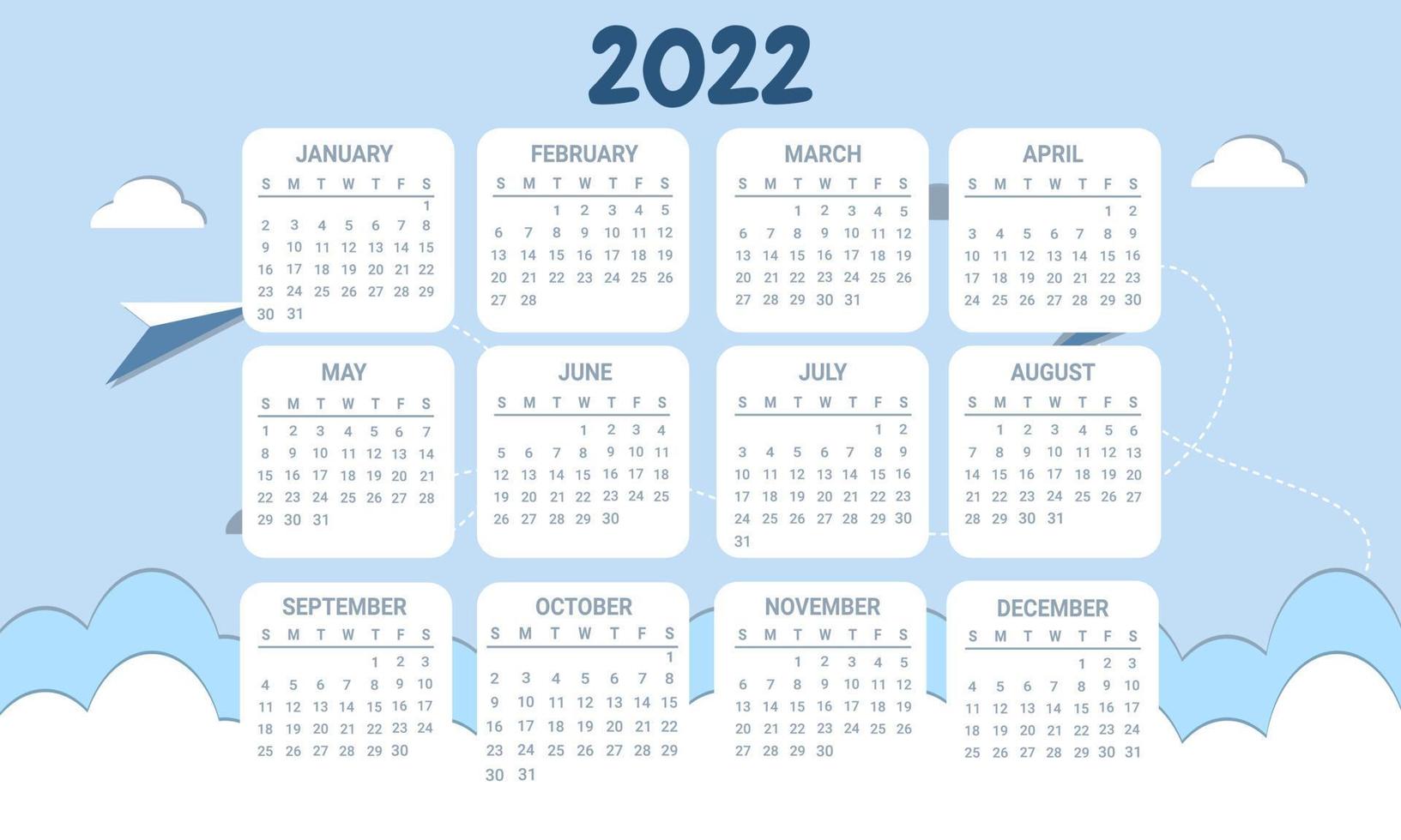 cute calendar template for 2022 in blue sky frame vector