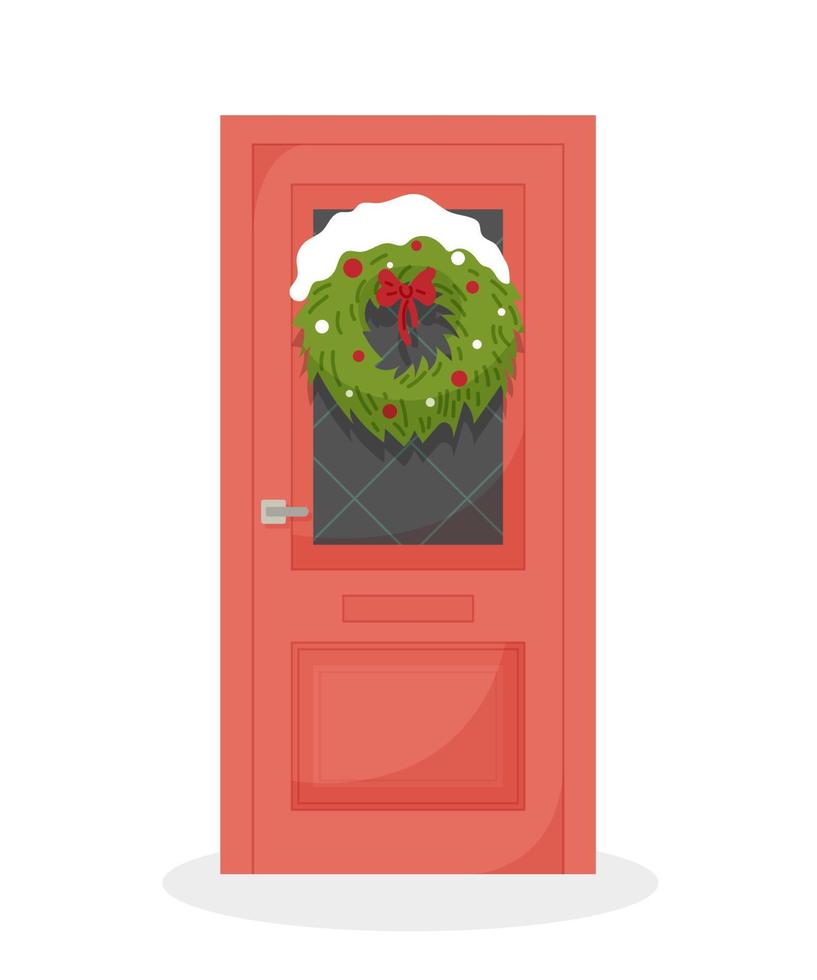 Red door with christmas wreath and snow isolated on a white background. Merry Christmas. vector