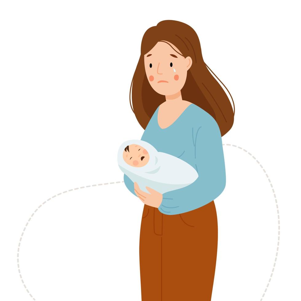 Postpartum depression. A woman is crying and holding a crying baby. Maternity crisis. vector