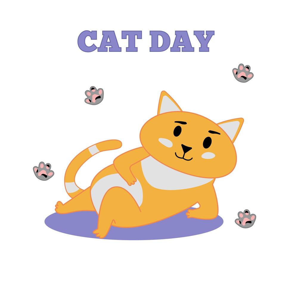 International cat day. A fat cat lies. Flat vector illustration