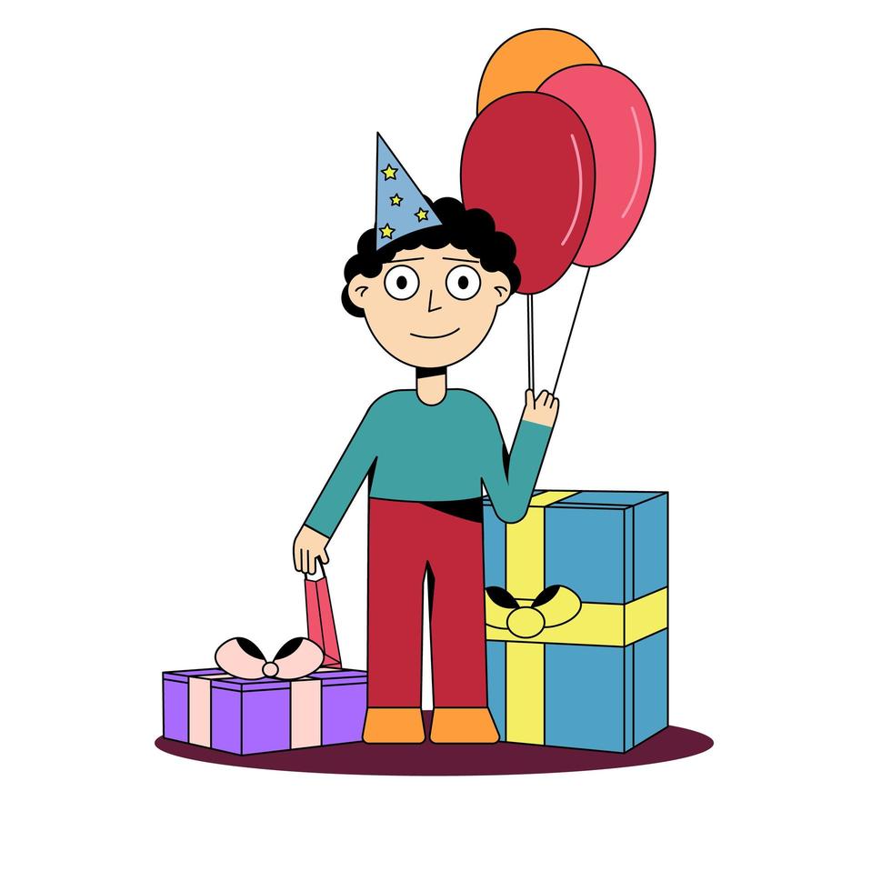 niño con una gorra de fiesta con globos y regalos. vector