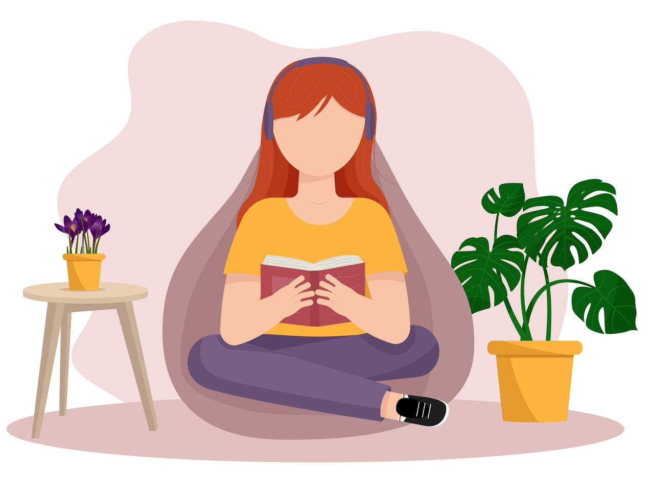 Girl reads a book while sitting on a soft pouf vector
