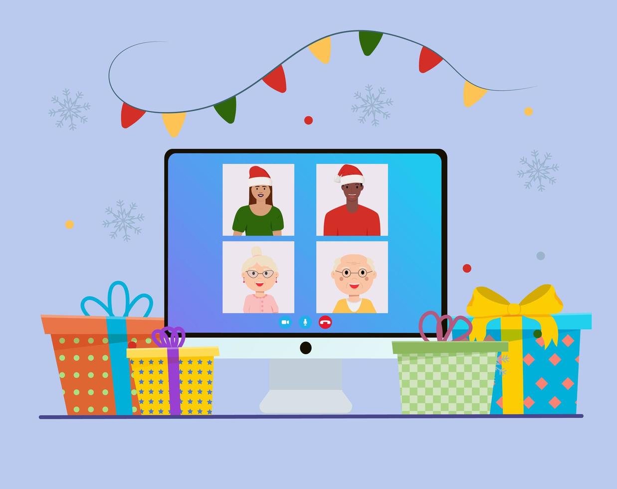 Christmas online party. People celebrating new year, happy friends on video chat. Man woman with champagne confetti gift vector illustration