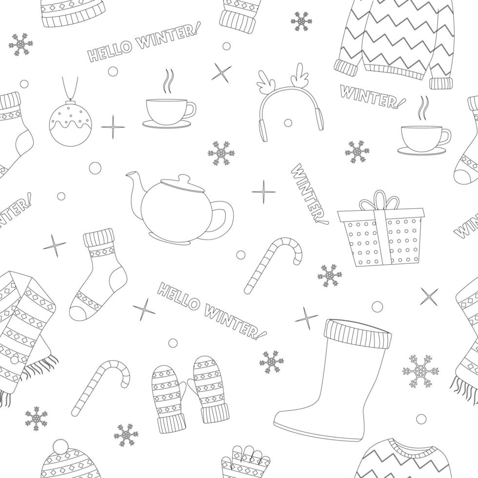Beautiful winter clothing set, great design for any purposes. Flat vector illustration. Seamless pattern. Color book