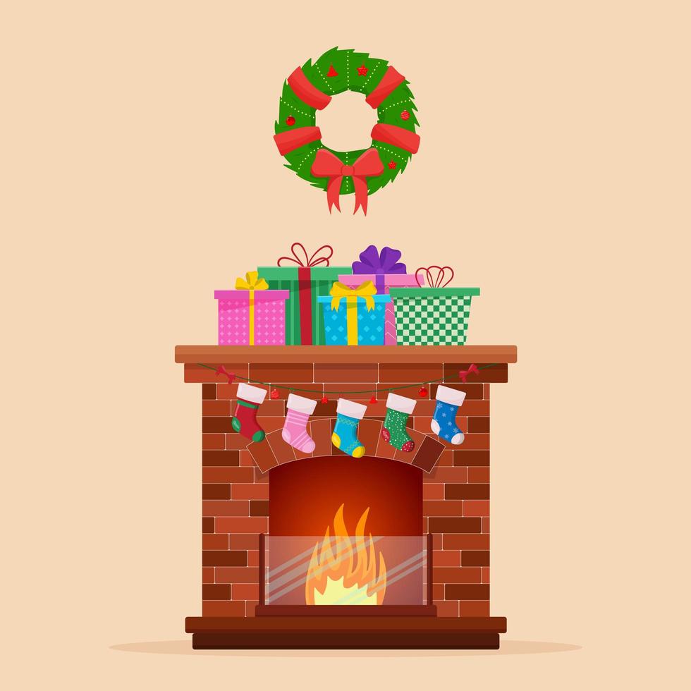 Chimenea navideña con adornos de calcetines y árbol de navidad. Feliz Navidad vector