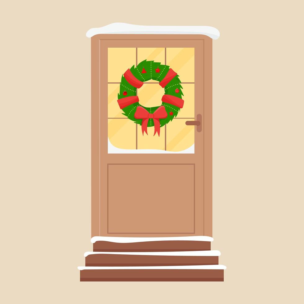 Christmas door with decorations. Winter front door vector