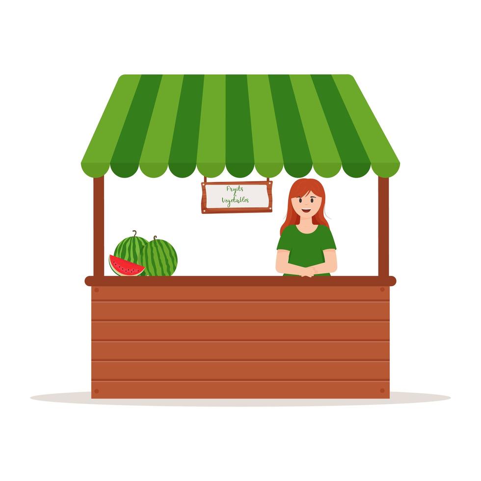 Stall Counters. Food market counter with fruits on shelves. Kiosk on ...