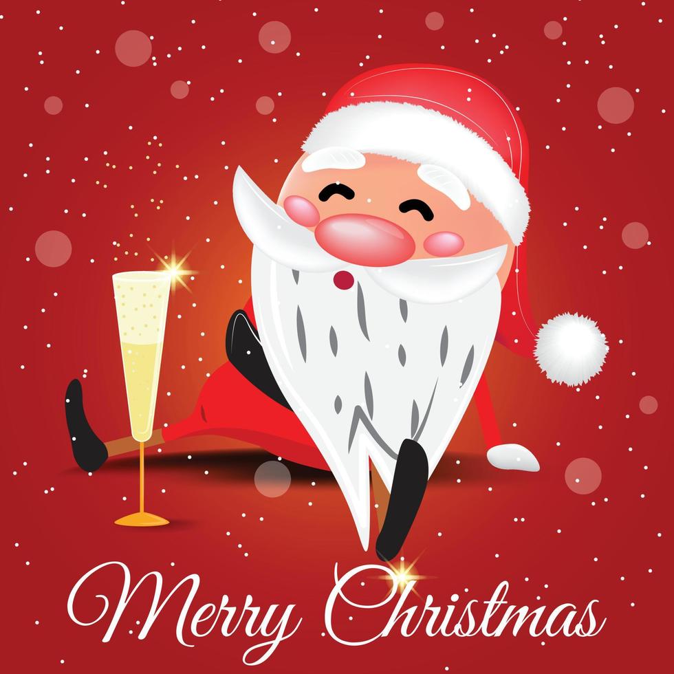Cute funny Santa sitting and taking a break after hard work and enjoying his champagne. Christmas vector illustration.