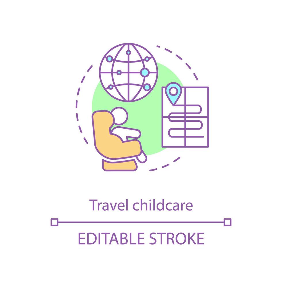 Travel childcare concept icon. Infant care on plane, bus, car, train on vacation idea thin line illustration. Newborn, baby supplies, essential items. Vector isolated outline drawing. Editable stroke