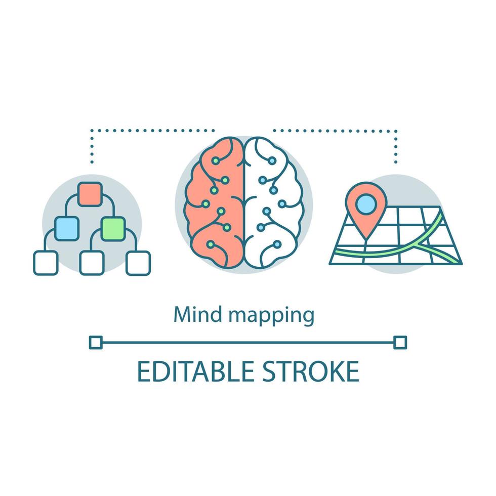 Mind mapping concept icon. Critical, logical, analytical thinking idea thin line illustration. Intelligence. Vector isolated outline drawing. Editable stroke
