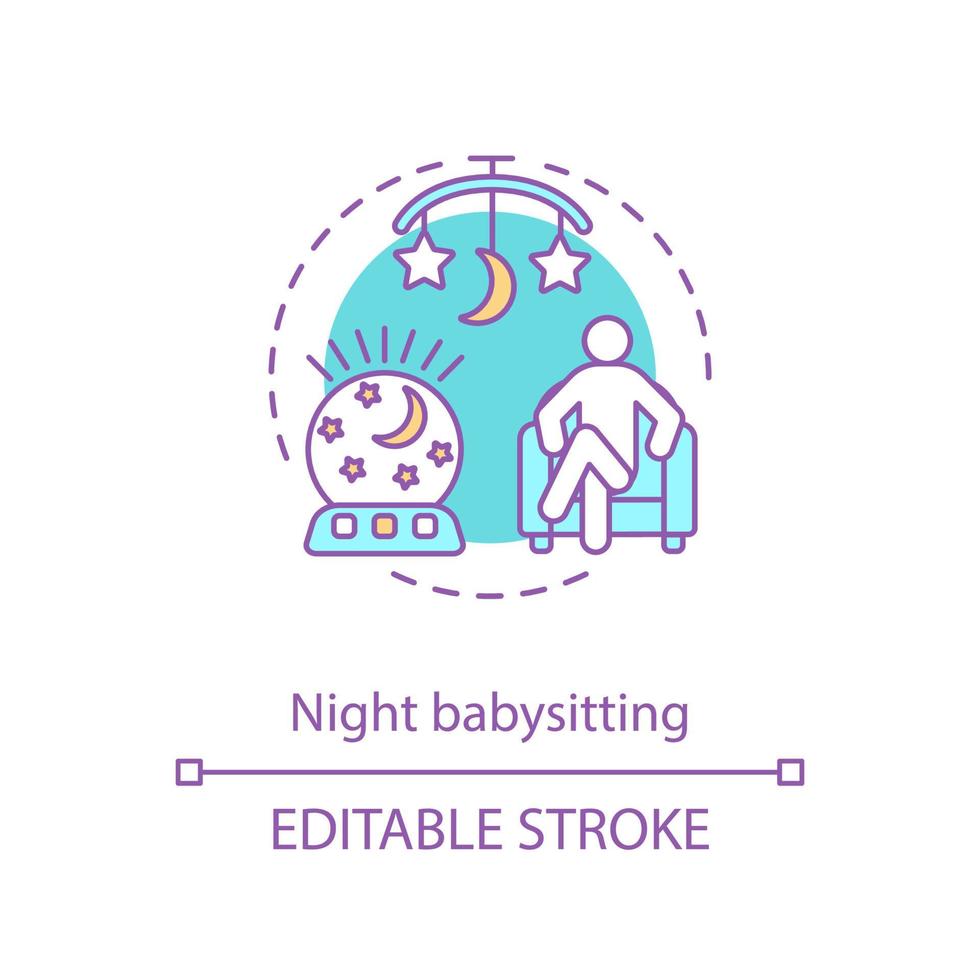 Night, evening babysitting concept icon. Child, newborn, infant care idea thin line illustration. Nanny, babysitter at home. Vector isolated outline drawing. Editable stroke