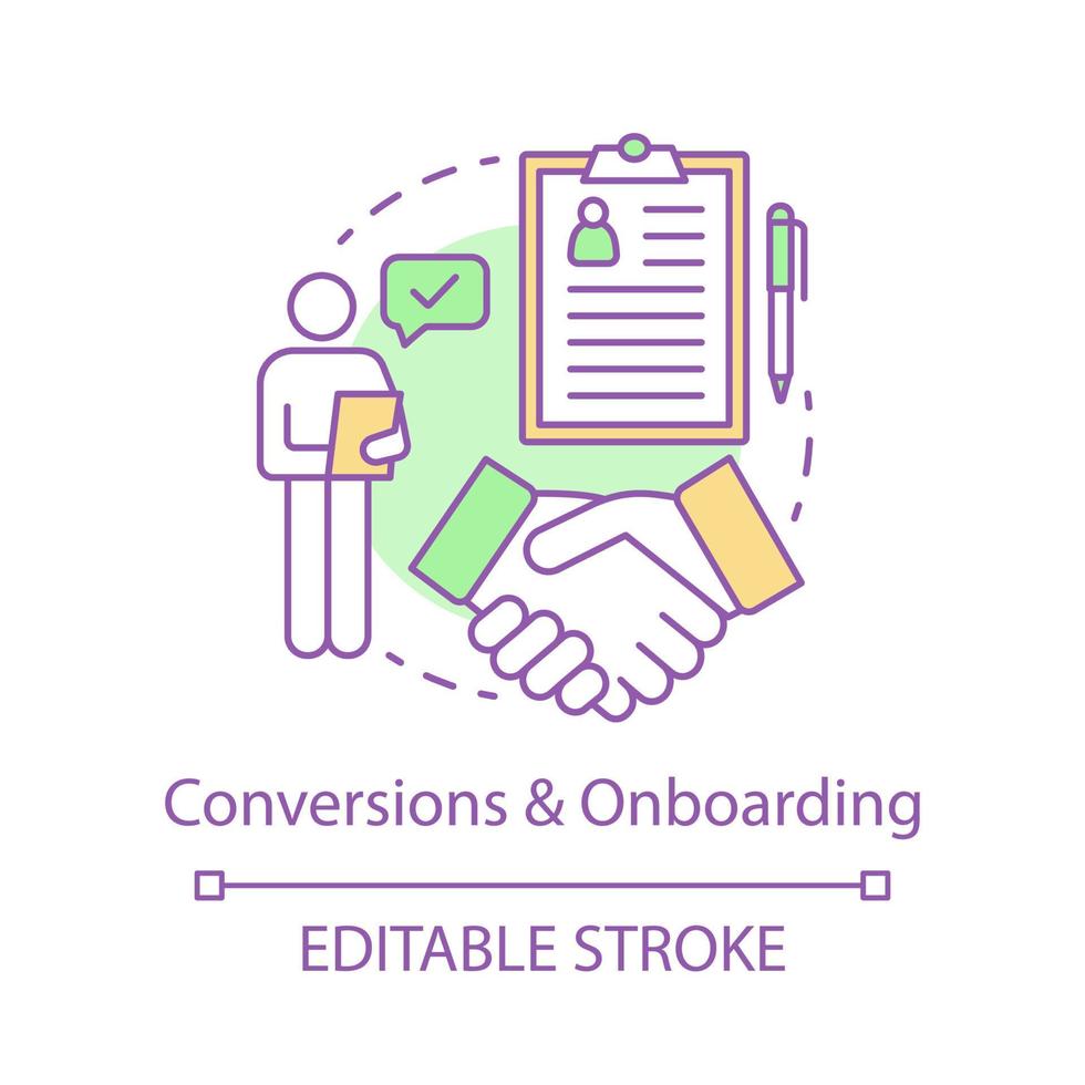 Customer conversions concept icon. Client retention idea thin line illustration. Loyalty program. Marketing strategy. Sales and deals. Vector isolated outline drawing. Editable stroke