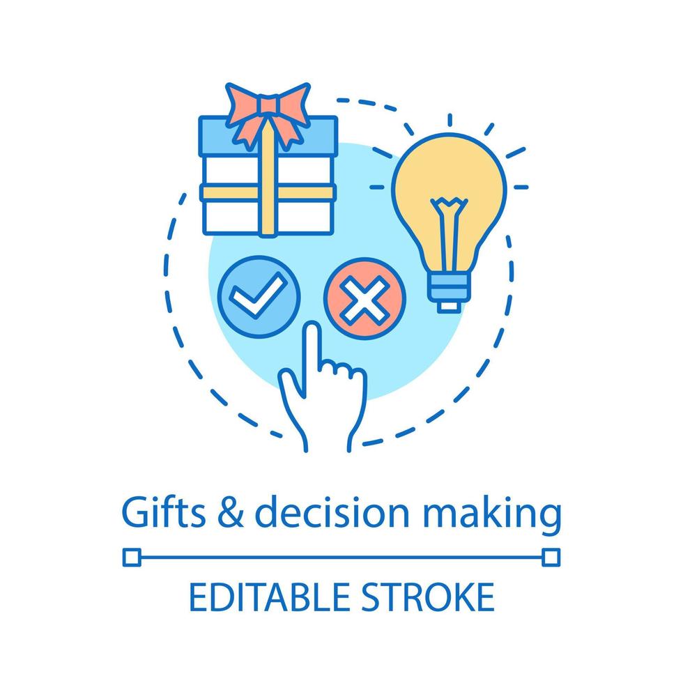 Gifts and decision making concept icon. Benefits. Employee bonuses idea thin line illustration. Vector isolated outline drawing. Editable stroke
