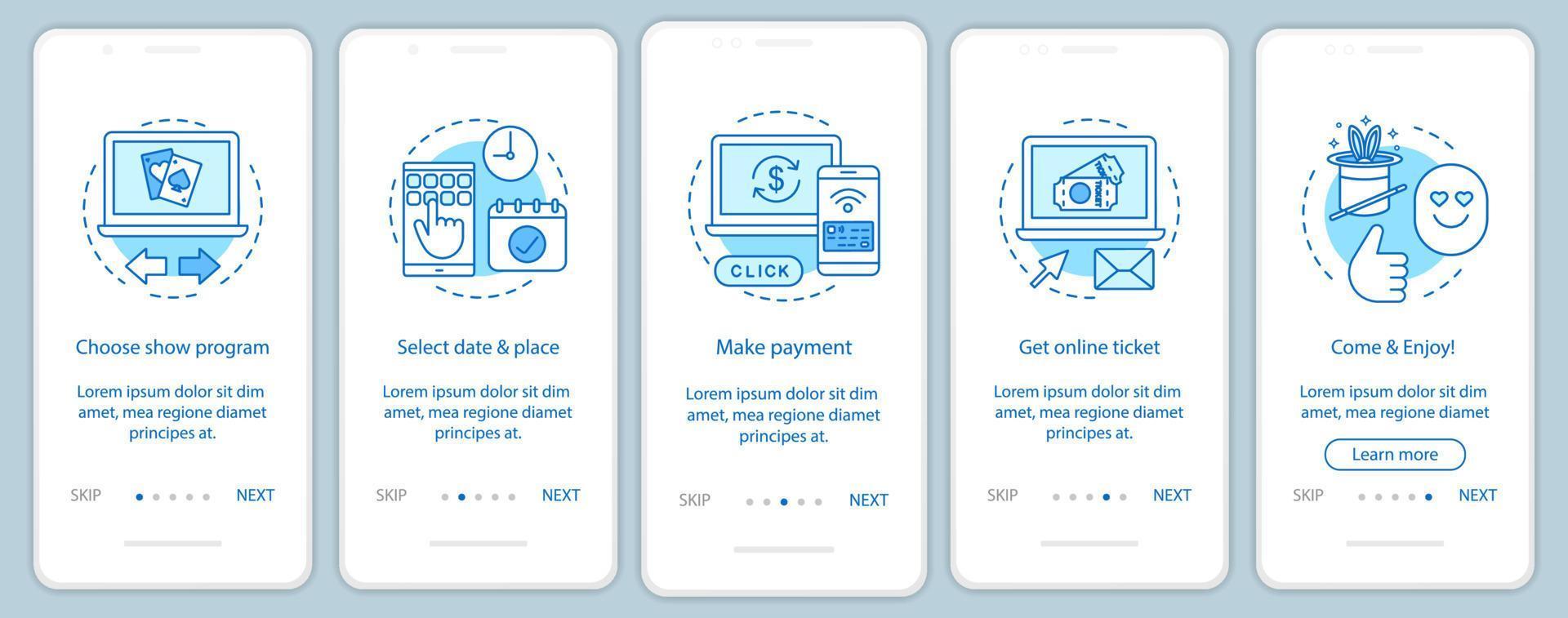 Show onboarding mobile app page screen vector template. Program event online ticket. Performance, show.. Walkthrough website steps with linear illustrations. UX, UI, GUI smartphone interface concept