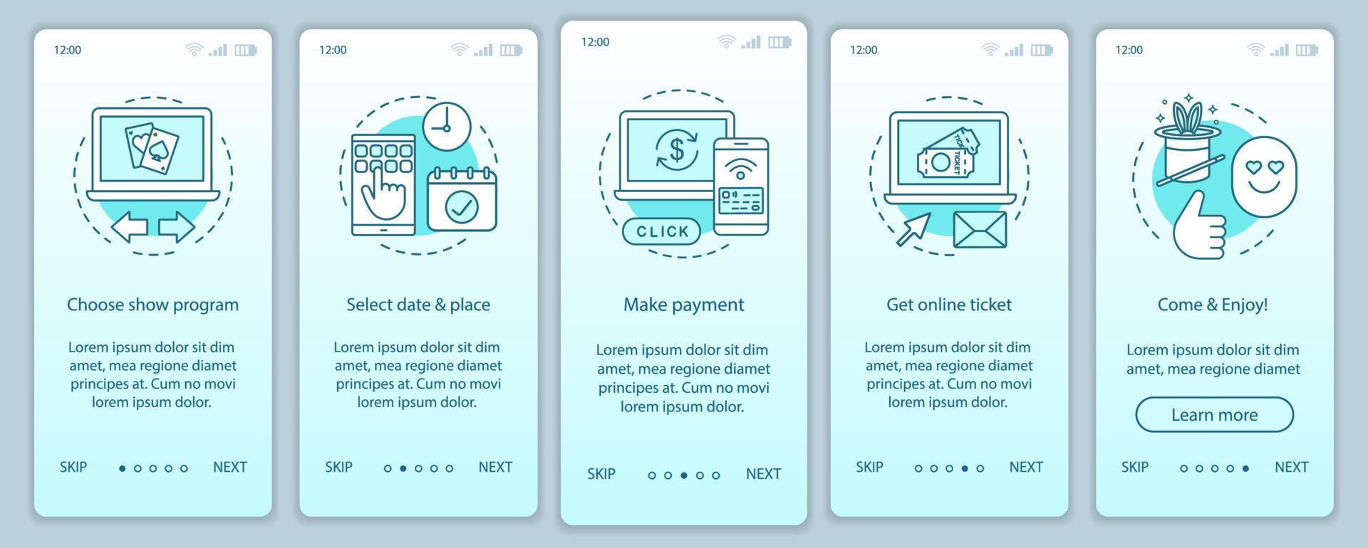 Show onboarding mobile app page screen vector template. Program online ticket payment. Performance event. Walkthrough website steps with linear illustrations. UX, UI, GUI smartphone interface concept