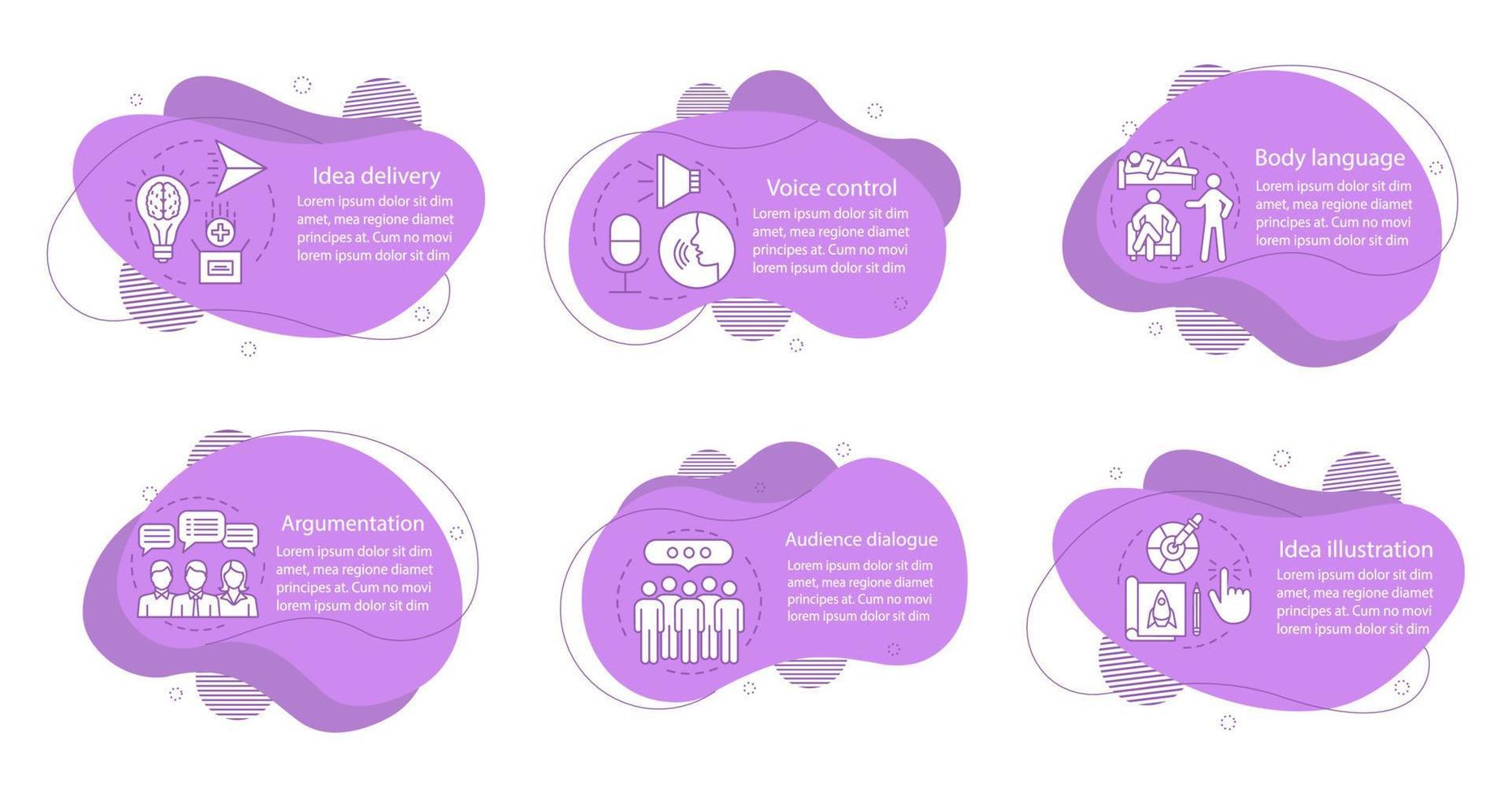 Public speaking skills concept illustrations. Orator abilities infographic template. Fluid elements with text and linear icons. Six wavy bubbles steps. Presentation, banner report vector cliparts