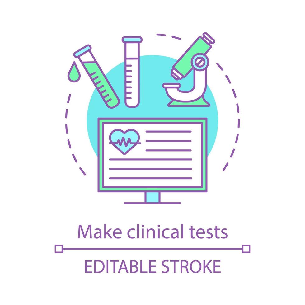 Clinical tests concept icon. Laboratory analysis idea thin line illustration. Diagnostic lab. Test tubes, microscope, computer. Medical research. Vector isolated outline drawing. Editable stroke